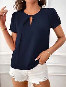 Blusa con escote de ojo de cerradura y mangas abiertas, informal - Azul marino - Ver 3