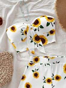 Set de 2 piezas Top bandeau y shorts informales con estampado total para mujer en vacaciones - Multicolor - Ver 5
