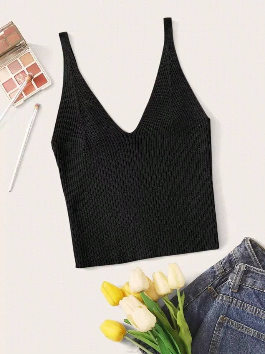Camiseta de punto de unicolor casual para mujer, de verano - Negro - Ver 1