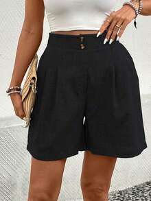 Pantalones cortos de mujer de unicolor y minimalistas para uso diario - Negro - Ver 4