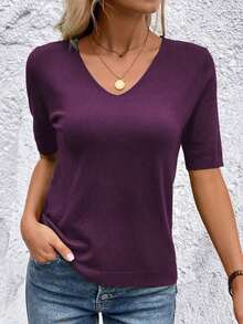Blusa de punto de manga corta regular con cuello en V casual y versátil - Rojo violeta - Ver 3
