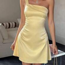 guangzhougaolangshangmao Vestido de satén de unicolor con volantes en los hombros y diseño de cintura con lazo, vestido mini femenino y favorecedor para citas, fiestas, vacaciones en la playa, elegante para el verano - Amarillo - Ver 5