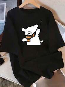 Camiseta de mujer% algodón, de corte holgado, con un lindo estampado de oso de dibujos animados - Cuello redondo suave, manga corta, top casual para atuendos informales, lavable aáquina, ropa juvenil de estilo urbano, prenda para todas las estaciones, moda moderna, tela cómoda. - Negro - Ver 5