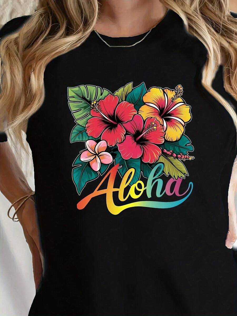 1 Piece Of 100% Cotton Cropped T-Shirt, Casual Round Neck With Print, Lotus Flowers And Bright Tropical Flowers, Breathable Short Sleeves For Everyday Wear - 黑色 - 查看 1