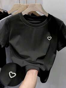 Camiseta de manga corta de unicolor con decoración de tachuelas en forma de corazón, de uso versátil y casual - Negro 2 - Ver 1
