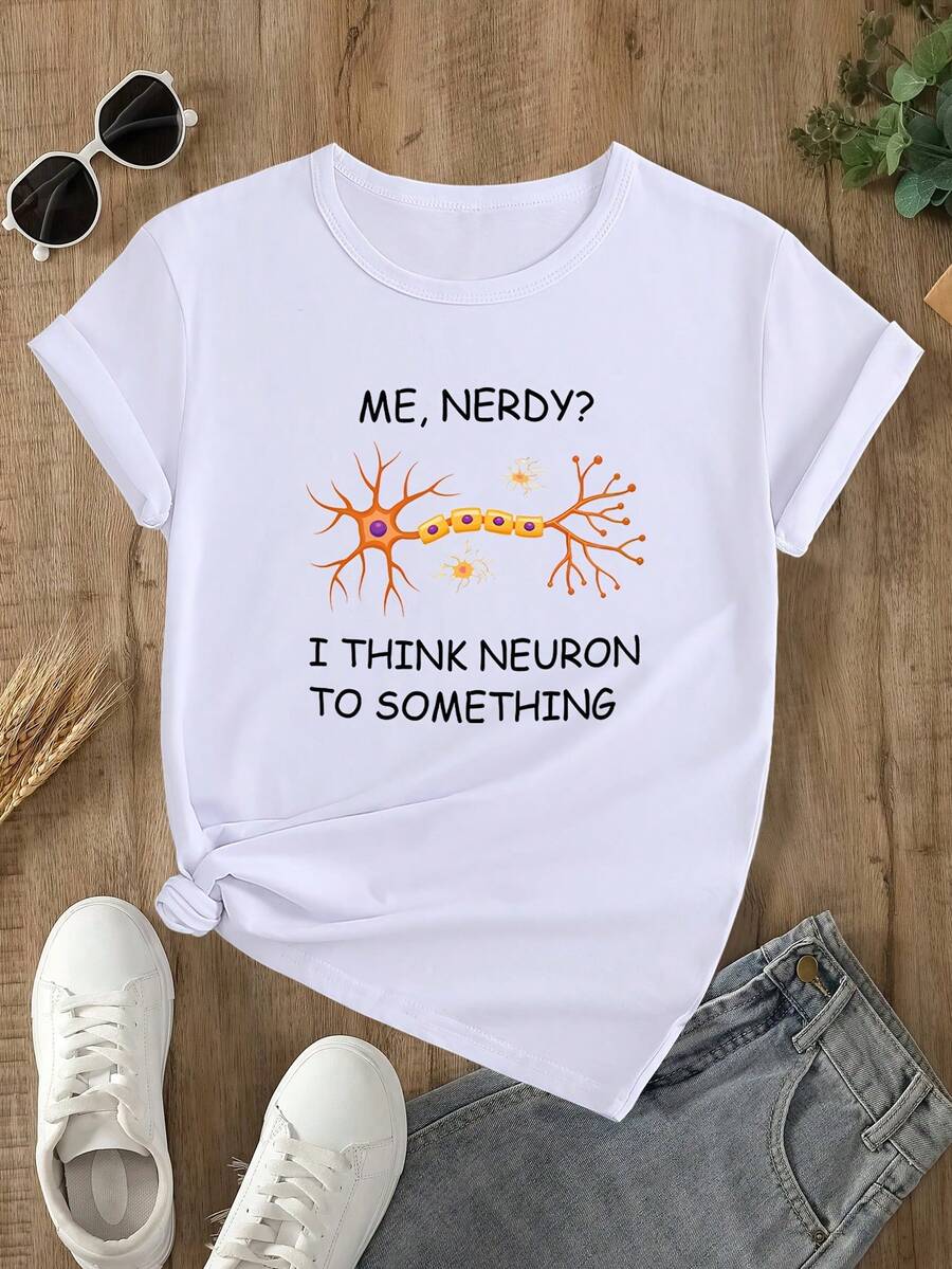 Camiseta de verano de manga corta, holgada y casual con estampado de letras estilo nerd. - Blanco - Ver 1