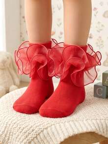 1 Pair Girls' Socks With Ruffle Floral Lace Trim, Princess Baby Socks - Red - View 8