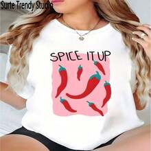 Women's Oversized Short Sleeve T-Shirt, 100% Oversized With Spicy Chili Print And "Spice It Up" Slogan | Breathable Summer Casual Top, Loose Fit Short Sleeve Shirt In Pink And Red For Casual Wear, Parties, Picnics - Machine Washable, Party Outfit, Picnic Clothes, 100% Cotton - 黑色 - 查看 6