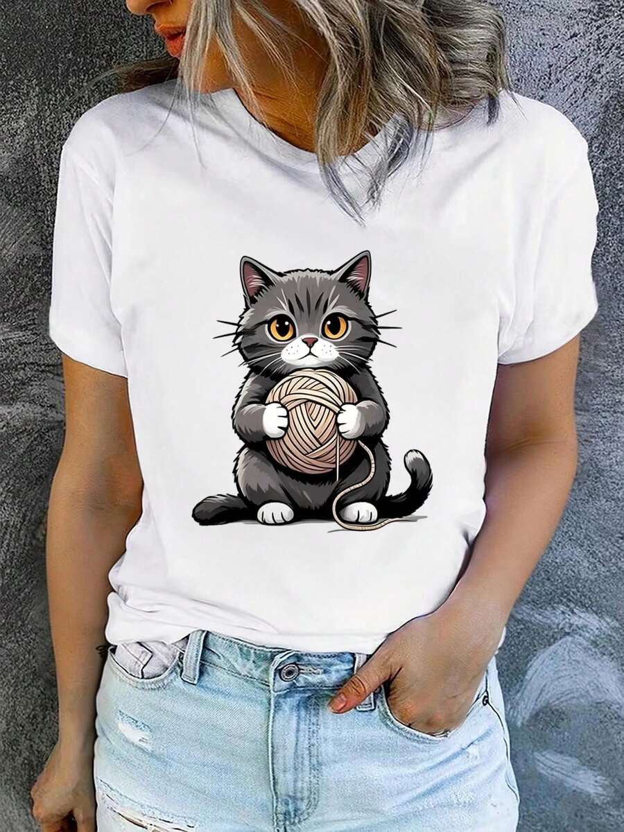 Camiseta de manga corta con cuello redondo para mujer, estampada, moderna y casual, lavable a máquina, ajuste cómodo, estampado plano 2D Blusas Para Mujer Casual. - Blanco_03 - Ver 1