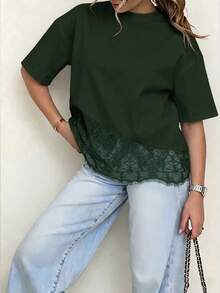 Solid Color Knit Fabric Lace Patchwork Short Sleeve T-Shirt For Women, Casual Sports Office Wear For Spring Summer - Dark Green - View 13