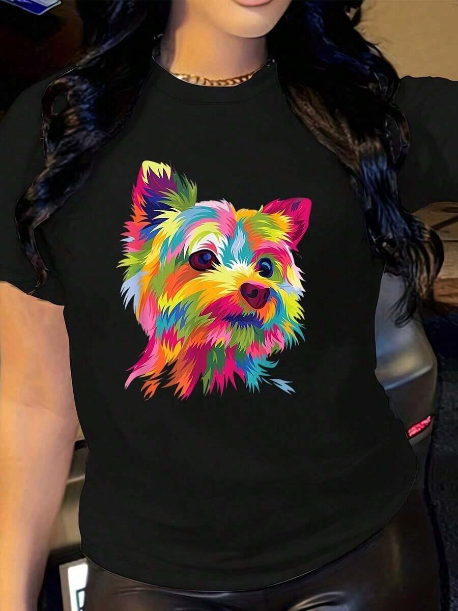 Women's T-Shirt With Colorful Pop Art Graphic Dog Print - Short Sleeve, Round Neck, Casual Style With Vibrant Abstract Print, Semi-Sheer Black T-Shirt For Summer And Spring, Machine Washable, Dog T-Shirt, Semi-Sheer Fabric Suitable As A Gift. Women's T-Shirt. Blouses>Elegant. Boho Chic, Soft, Breathable And Comfortable Women's Top, Ideal For Spring, Summer And Autumn, Perfect For Vacations, Travel And Everyday Wear. - 黑色 - 查看 1