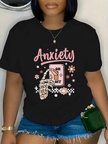 Talla, 1 pieza de camiseta casual de talla con cuello redondo, patrón geométrico para aliviar la ansiedad - ligeramente elástica, top de primavera/verano para mujer - Camiseta unisex de algodón holgada de manga corta y cuello redondo estilo vintage urbano. - Negro - Ver 1