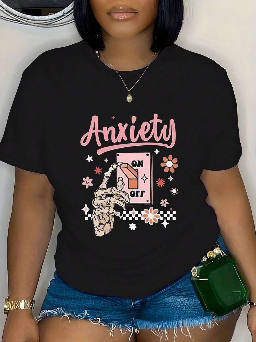 Talla, 1 pieza de camiseta casual de talla con cuello redondo, patrón geométrico para aliviar la ansiedad - ligeramente elástica, top de primavera/verano para mujer - Camiseta unisex de algodón holgada de manga corta y cuello redondo estilo vintage urbano. - Negro - Ver 1