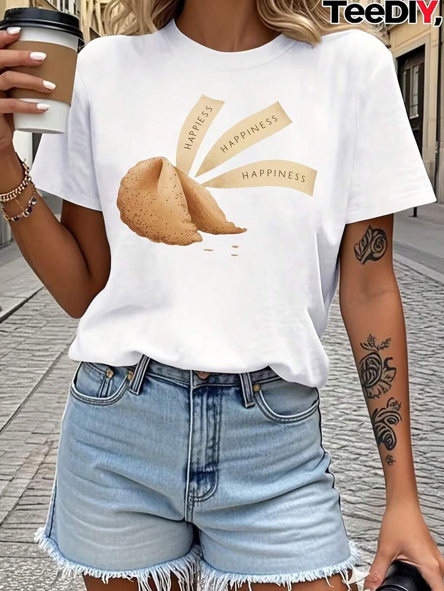 1pc Camiseta de Mujer con Estampado Divertido de Galleta de la Fortuna y Texto de Felicidad, Cuello Redondo, Manga Corta, Apta para Todas las Estaciones - Blanco - Ver 1