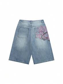 Men Six-Point Shorts Retro Cherry Blossom Embroidered Loose Wide-Leg Denim Jeans With Fake Pockets In Back - Light Wash - View 7