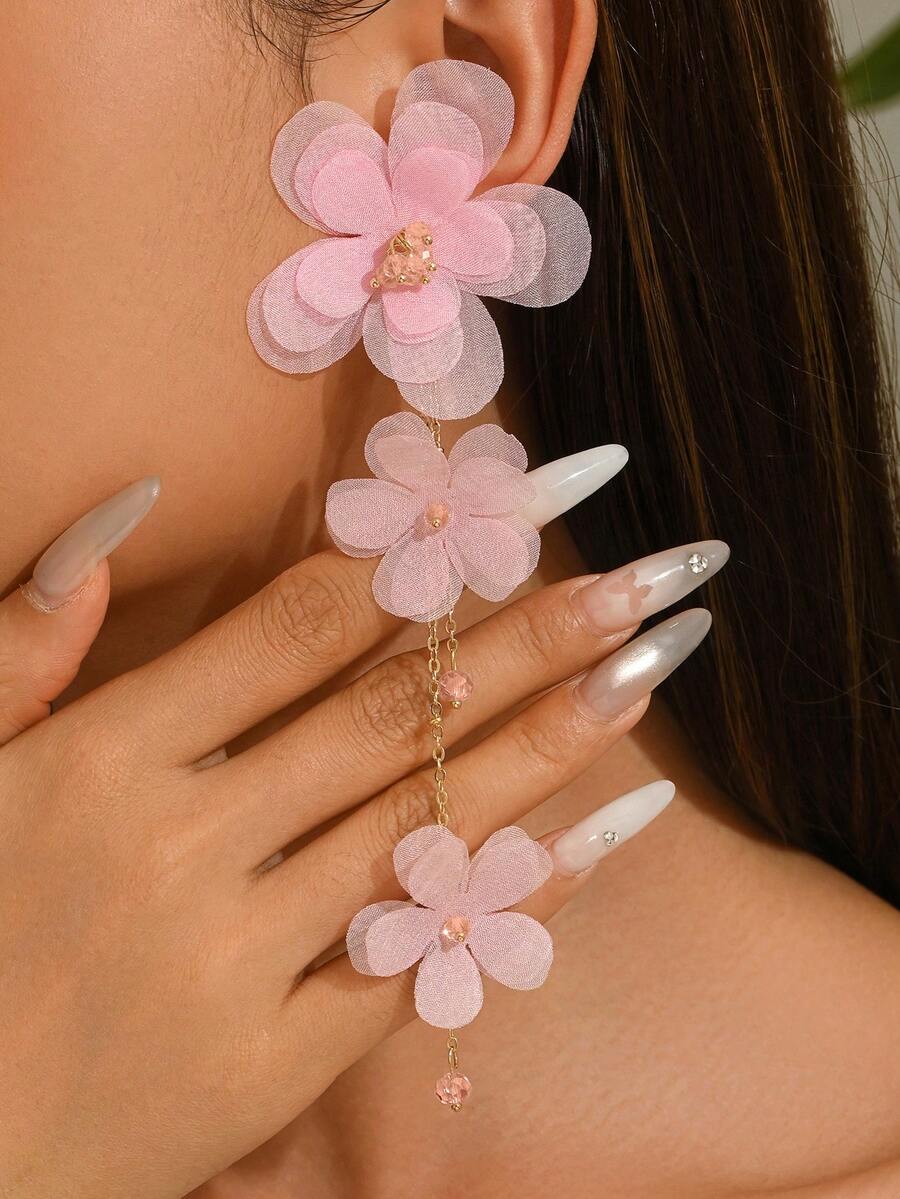 1 Pair Elegant Fabric Flower Long Earrings, Suitable For Daily Wear (Bead Color Random) - Light Pink - E173D - View 1