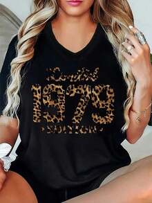 Camiseta vintage estampado leopardo cuello en V básica casual  verano XXL moda femenina  retro camiseta manga corta ligera cómoda fiesta noche casual camiseta] - Negro - Ver 12
