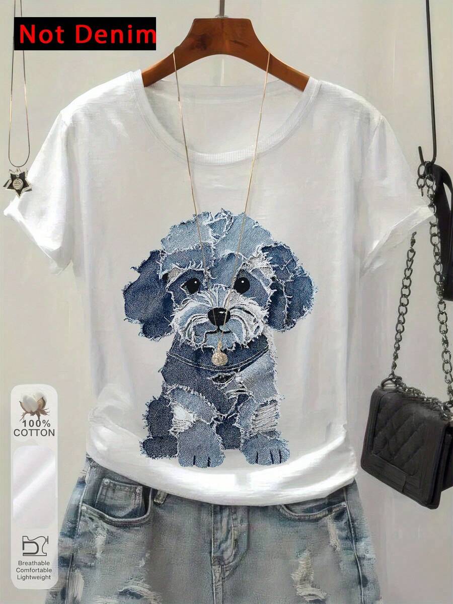 Camiseta con estampado gráfico, top casual de manga corta y cuello redondo para verano y primavera, ropa de mujer - Blanco - Ver 1