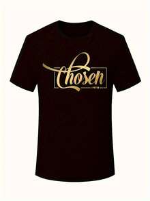 Women's Printed T-Shirt [Comfortable And Cozy] With "Chosen" Graphic Print - Casual Black Style, Gold Circular Print, Short Sleeves, Round Neck, Soft, Loose Fit, Suitable For Spring And Summer. - 黑色 - 查看 2