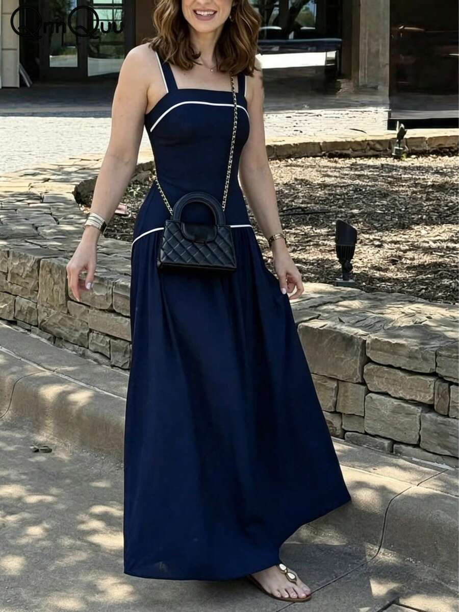QnnQuu Women's Elegant Sleeveless Square Neck Maxi Dress, Fashion A-Line Woven Fabric Backless Design, Medium Stretch Party Summer