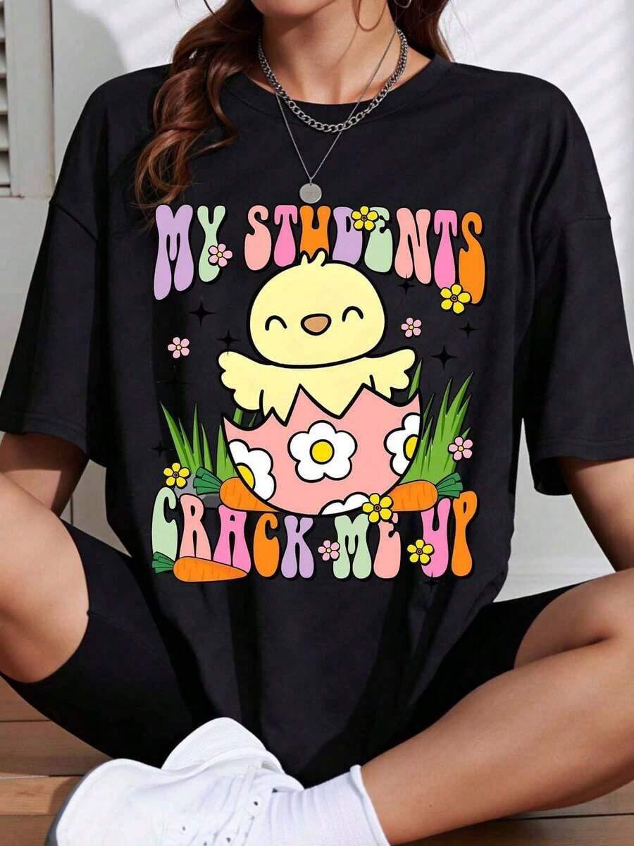 Camiseta Casual Divertida de Pascua con Pollito para Maestras, Camiseta de Dibujos Animados de Primavera para Mujeres, Regalo para Maestras, Ropa para las Vacaciones de Pascua, Moda - Negro - Ver 1