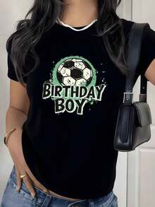 Camiseta con Estampado Gráfico de Fútbol para Cumpleaños, 180g, 1 Pieza, Camiseta Casual de Algodón 100% para Mujer, Estilo Deportivo para Vacaciones de Verano - Negro - Ver 9