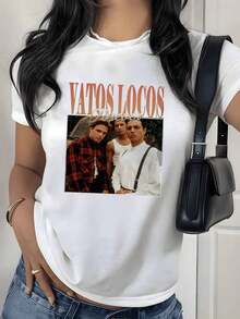 Camiseta con Estampado Gráfico Vatos Locos Forever, 180g, 1 Pieza, Estilo Urbano, Casual para Mujer, 100% Algodón, Estilo Vintage Retro - Blanco - Ver 9
