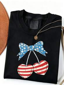 Una camiseta de manga corta para mujer, moderna, a la moda, retro y de corte holgado, adecuada para actividades al aire libre en primavera y verano.Esta camiseta de mujer presenta un diseño de cerezas estilo bandera estadounidense, ideal para fiestas, salidas y uso casual diario.Es holgada y transpirable, perfecta para deportes al aire libre.Es una excelente opción como regalo para el Día de la Madre en verano.Lavable a máquina.blusas para mujer,blusas casuales para dama,tops,, mujer premium,y2k,playeras de mujer curvy,ofertas y liquidaciones ropa mujer,playeras deportivas para mujer,,playeras de hombre, mujer,blusas>elegante RHWQ - Negro - Ver 1