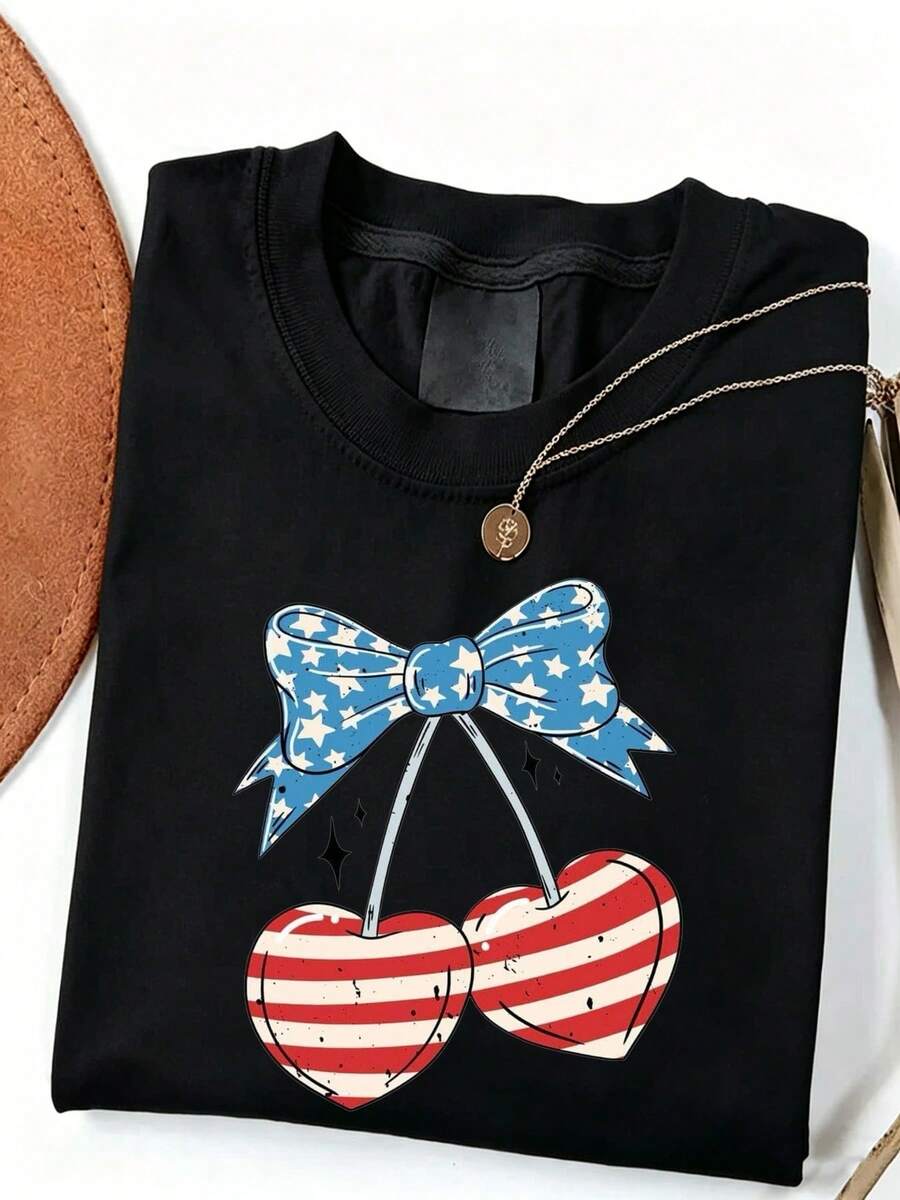 Una camiseta de manga corta para mujer, moderna, a la moda, retro y de corte holgado, adecuada para actividades al aire libre en primavera y verano.Esta camiseta de mujer presenta un diseño de cerezas estilo bandera estadounidense, ideal para fiestas, salidas y uso casual diario.Es holgada y transpirable, perfecta para deportes al aire libre.Es una excelente opción como regalo para el Día de la Madre en verano.Lavable a máquina.blusas para mujer,blusas casuales para dama,tops,, mujer premium,y2k,playeras de mujer curvy,ofertas y liquidaciones ropa mujer,playeras deportivas para mujer,,playeras de hombre, mujer,blusas>elegante RHWQ - Negro - Ver 1