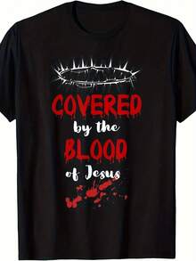 [Nueva Llegada]Camiseta Divertida de Halloween con Patrón de Sangre Cristiana |   Tallas S-3XL, estilo unisex, Verano 2025, manga corta, estampado, 220G puro, cuello redondo, apto para todas las estaciones, estilo vintage, corte regular. - Negro - Ver 6