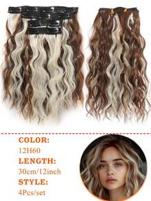 4pcs/Set Ekstensi Rambut Sintetis Bergelombang Jepit untuk Wanita, Potongan Rambut Keriting Alami Bergelombang, Campuran Warna Cokelat dan Emas, 30cm, Untuk Pemakaian Sehari-hari dan Pesta - MultiWarna - View 15
