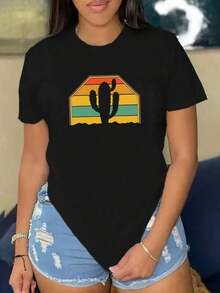 Moderna camiseta negra con estampado de cactus en colores retro, ideal para el verano y escapadas casuales, disponible en tallas S, M, L, XL, camiseta gráfica de moda y . - Negro - Ver 1