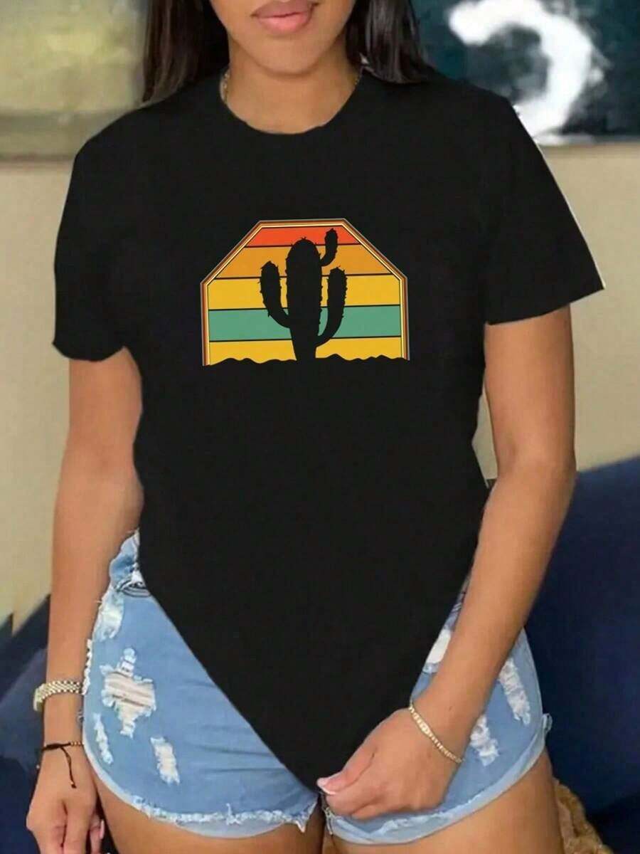 Moderna camiseta negra con estampado de cactus en colores retro, ideal para el verano y escapadas casuales, disponible en tallas S, M, L, XL, camiseta gráfica de moda y . - Negro - Ver 1
