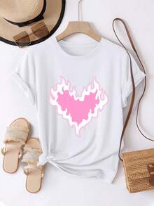Women's T-Shirt, Comfortable And Casual, Short Sleeve And Round Neck, With Pink Flame Heart Print, Romantic And Vibrant Design, Regular Length, Suitable For All Seasons, Everyday Fashion, Ideal For Women's Spring And Summer Clothing. - 白色 - 查看 1