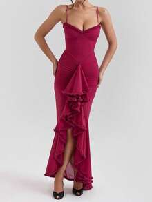 Vestido Mujer Primavera Verano Estilo Europeo Tul Tirantes Irregular Liso Ajustado Estilo Picante Elegante para Fiesta - Burdeos - Ver 2