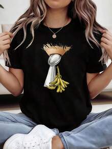 Camiseta de primavera/verano para mujer de talla grande con estampado divertido de sombrero de paja tropical de carnaval y plátano de Champion. Adecuada para eventos deportivos, fiestas, atuendos divertidos, ocasiones sociales informales y estilo callejero diario. - Negro - Ver 1