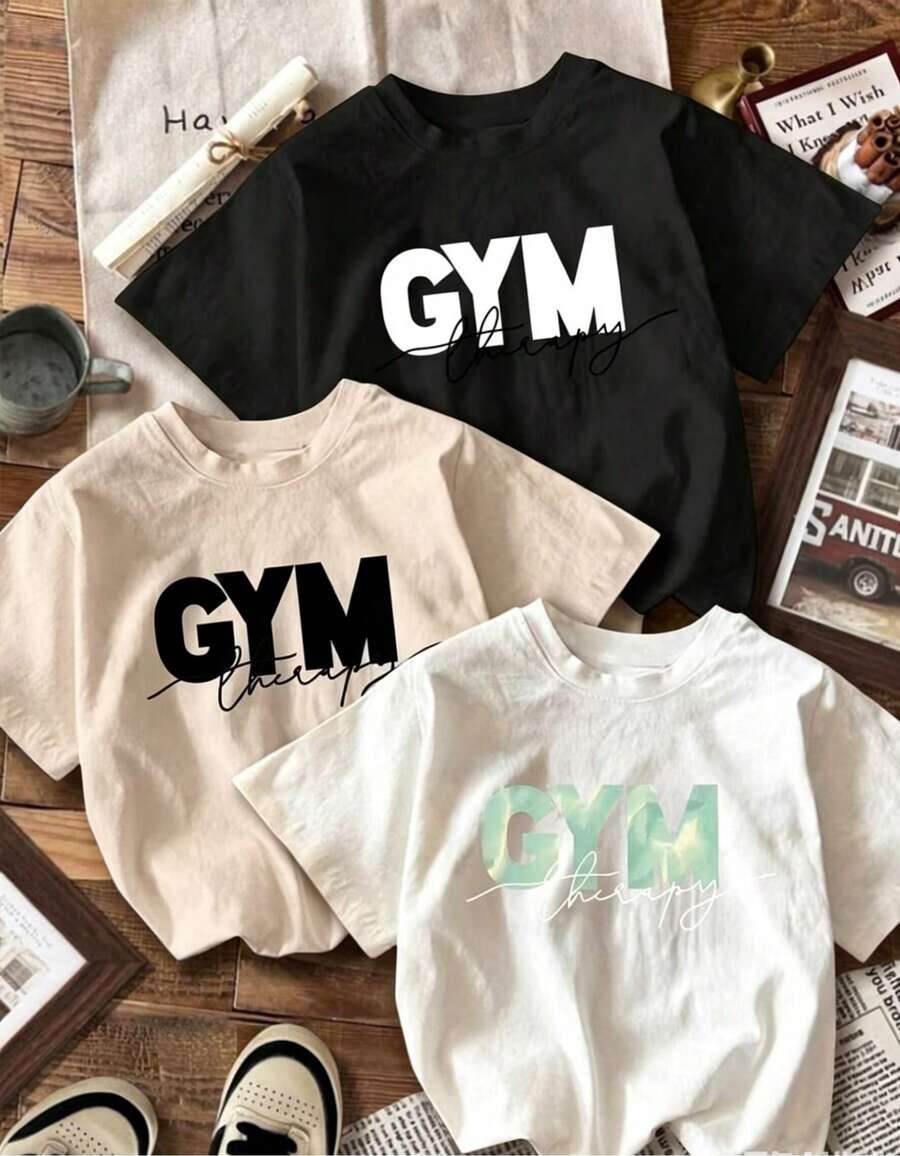 Camiseta de Mujer a - Conjunto de 3 Pieza para Fitness - Camiseta con Estampado de Letras en Inglés: Cuello redondo casual, mangas cortas, fibra de poliéster lavable a máquina, top deportivo retro versátil y elegante para primavera y verano. - Negro - Ver 1