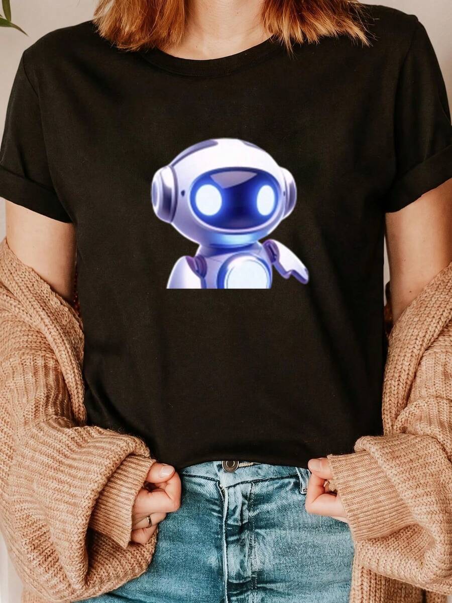 Women's Casual Robot Graphic Print Short Sleeve Black T-Shirt, Regular Fit Polyester Round Neck Tee for Everyday Cute Fashion - Blanco - Ver 1