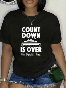 Women's T-shirt Camiseta casual de manga corta para mujer - Estampado con diseño de crucero y texto "La cuenta regresiva termina", top suave y elástico de cuello redondo, lavable a máquina, corte regular para uso casual en vacaciones, corte cómodo y práctico para viajes, camiseta estampada con patrón geométrico y transpirable, ropa de verano. - Negro - Ver 1