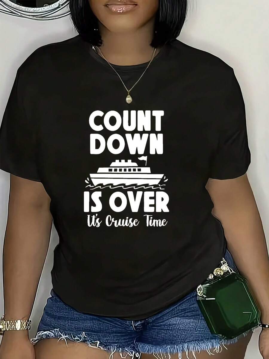 Women's T-shirt Camiseta casual de manga corta para mujer - Estampado con diseño de crucero y texto "La cuenta regresiva termina", top suave y elástico de cuello redondo, lavable a máquina, corte regular para uso casual en vacaciones, corte cómodo y práctico para viajes, camiseta estampada con patrón geométrico y transpirable, ropa de verano. - Negro - Ver 1