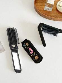 1pc 2-In-1 Foldable Makeup Mirror, Retro Creative Star & Letter Design, Foldable Portable Mini Comb With Mirror, Fashionable Beauty Tool For Travel And Gift, Dual-Use Air Cushion Comb, Scalp Massage Hair Brush, Perfect For Travel And Gifting - Multicolor - View 4