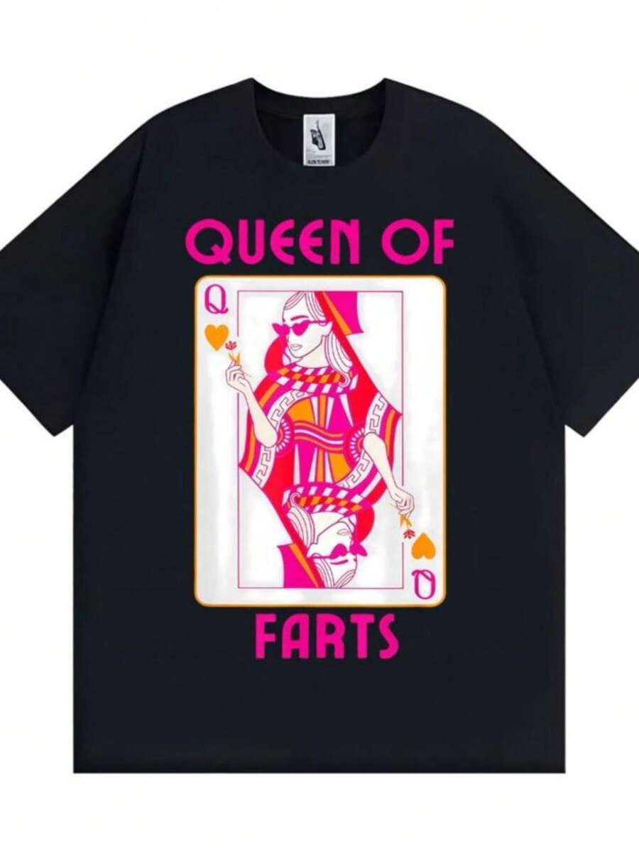 Women's Blouses Queen Of Farts Playful Graphic T-Shirts Men Women Retro Hip Hop Street Classic Casual T Shirt Summer Oversized Crewneck T Shirts - 黑色 - 查看 1