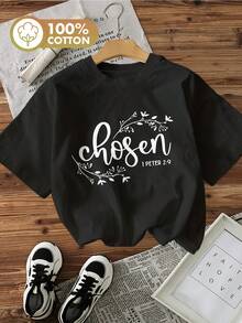 Women's Casual Short Sleeve T-Shirt - Inspirational Bible Verse 1 Peter 2:9 And Floral Print, With White Lettering, Comfortable For All Seasons, Machine Washable, Durable And Decorative Fabric - 黑色 - 查看 1