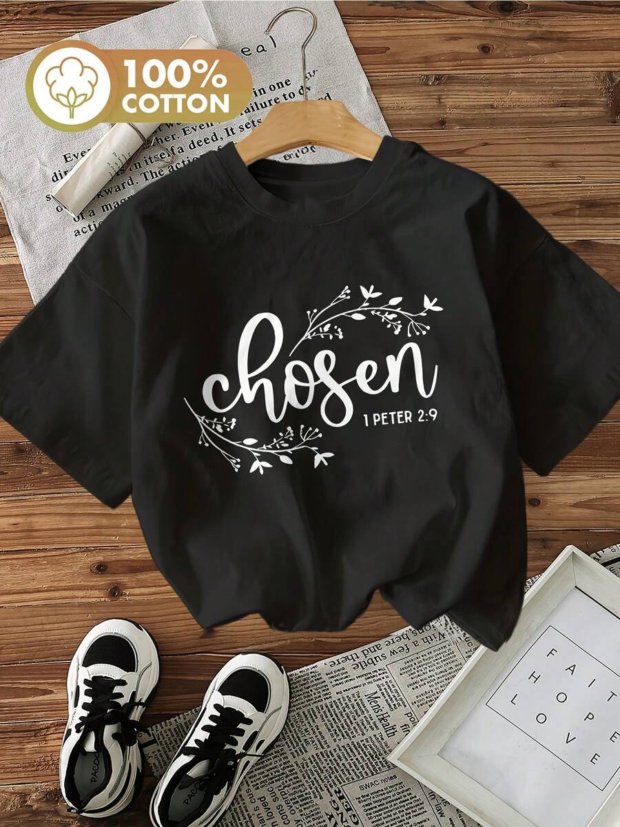 Women's Casual Short Sleeve T-Shirt - Inspirational Bible Verse 1 Peter 2:9 And Floral Print, With White Lettering, Comfortable For All Seasons, Machine Washable, Durable And Decorative Fabric - 黑色 - 查看 1