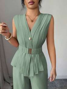 Two-Piece Set Of Flared Trousers With Elastic Waist And Belt, V-Neck, Open Front, Pleats And Asymmetric Hem, Made Of Linen-Like Fabric, For Women, For Spring/Summer, Elegant, Casual, For Work, Vacation, Afternoon Tea - 薄荷綠 - 查看 3