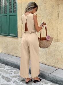 Frenchy 2 piezas Conjunto de top de tirantes bordado y pantalones casuales versátiles para vacaciones de mujer - Marrón - Ver 2