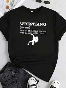 1 pieza de camiseta divertida para mujer con estampado gráfico de luchador y eslogan, 100% algodón de alta elasticidad, corte en H, manga corta, cuello redondo, color negro, estilo casual para fanáticos de la lucha libre, para todas las estaciones, 180g, 100% algodón. - Negro 3 - Ver 8