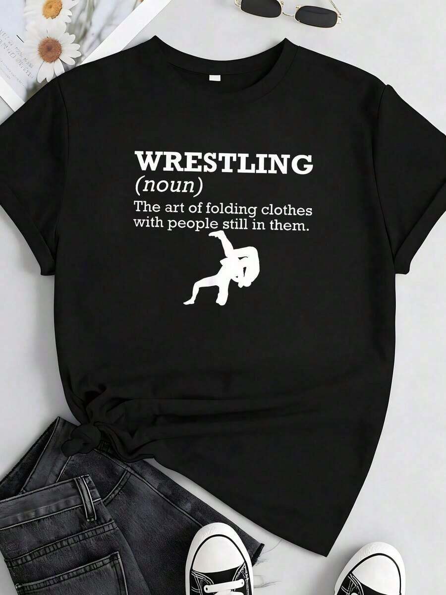 1 Piece Of Women's Funny T-Shirt With Wrestler Graphic Print And Slogan, 100% High Elasticity Cotton, H Cut, Short Sleeve, Round Neck, Black Color, Casual Style For Wrestling Fans, For All Seasons, 180g, 100% Cotton. - 黑色 2 - 查看 1