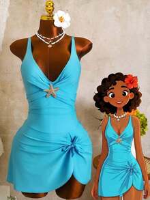 2026 Zestiva Falda de traje de baño elegante para mujer con correa ancha de unicolor y decoración de estrella de mar, adecuada para primavera, verano y otoño en vacaciones de playa - Azul - Ver 12