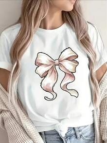 One Lightweight And Durable Black Short-Sleeved T-Shirt With A Pink Bow Design, Perfect For Lounging At Home, Dining Out, Or Outdoor Activities. Made From Soft And Comfortable Fabric, Suitable For Everyday Wear. 100% Cotton, 180g. - 白色 - 查看 11